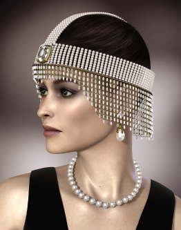 Elegant woman wearing a vintage-inspired pearl headpiece adorned with diamonds and paired with a matching pearl necklace, evoking 1920s glamour and sophistication.