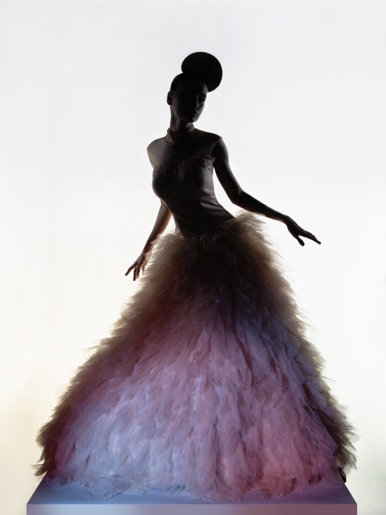 A striking silhouette of a model wearing a dramatic feathered couture gown with an elaborate headpiece, set against a minimalistic light background.